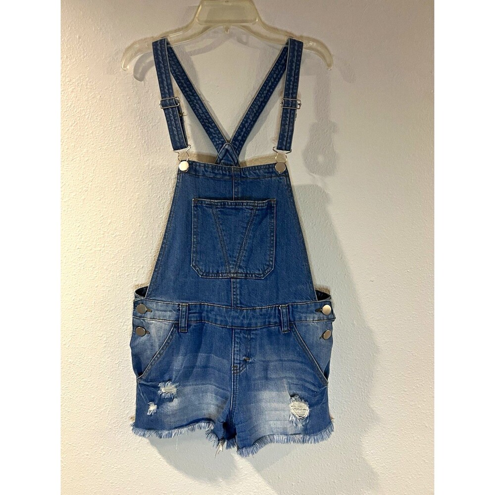 Ashley Mason Women’s Overall Shorts Blue Denim Distressed Size Small